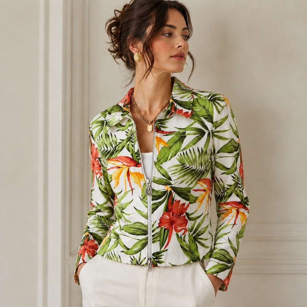 Vintage Joseph Ribkoff Tropical Floral Zip Jacket Size ? Made in Canada